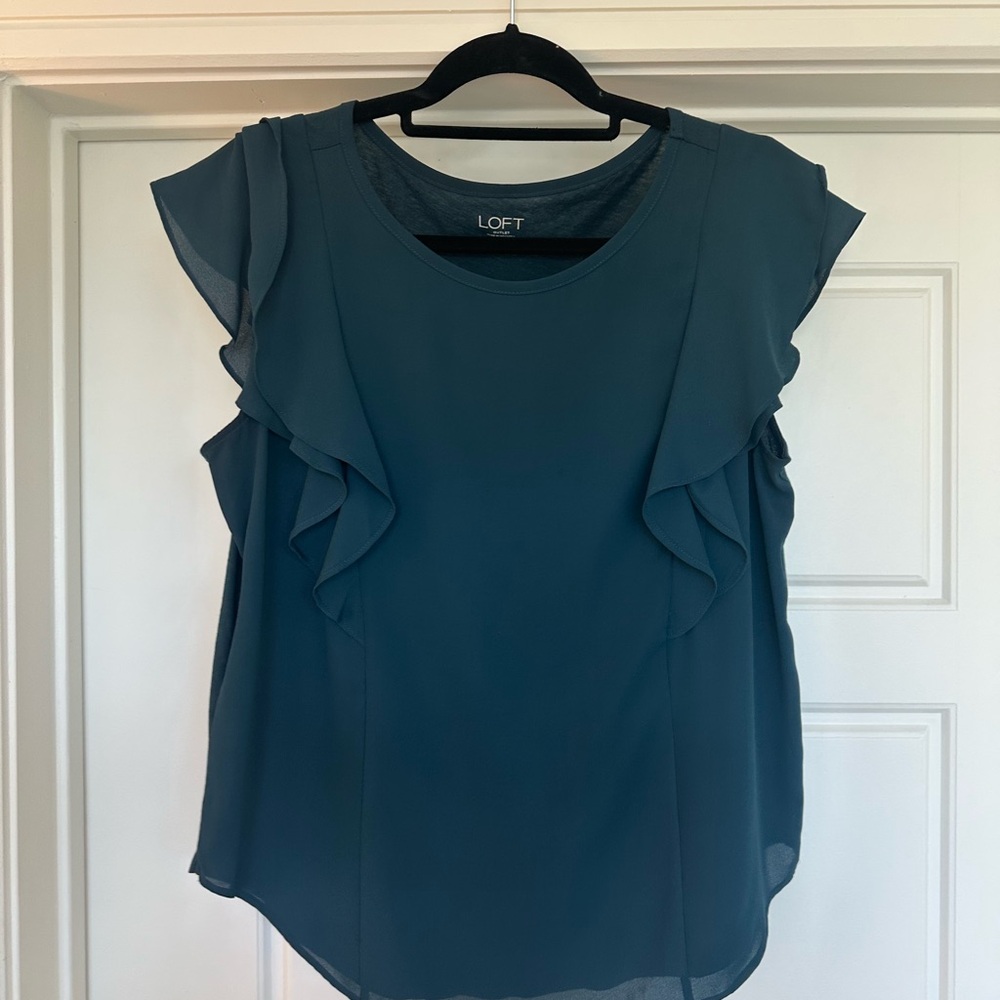 LOFT Teal Ruffle Sleeve Blouse